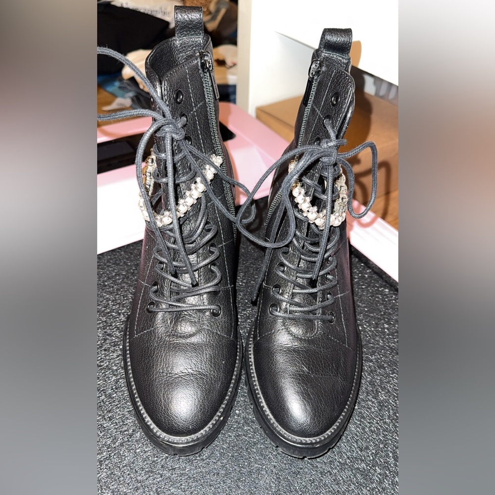 Jimmy Choo Crystal/Pearl Black Combat Boots Lace-Up Design